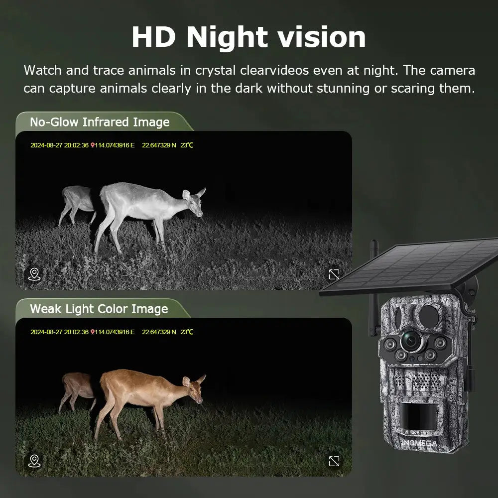 INQMEGA4G 2K solar trail camera by Simples Market; camo housing, IP66, night vision.
