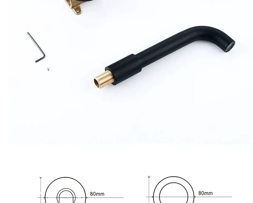 Matte black basin faucet spout with brass threaded inlet for wall-mount installation; includes Allen key and screws