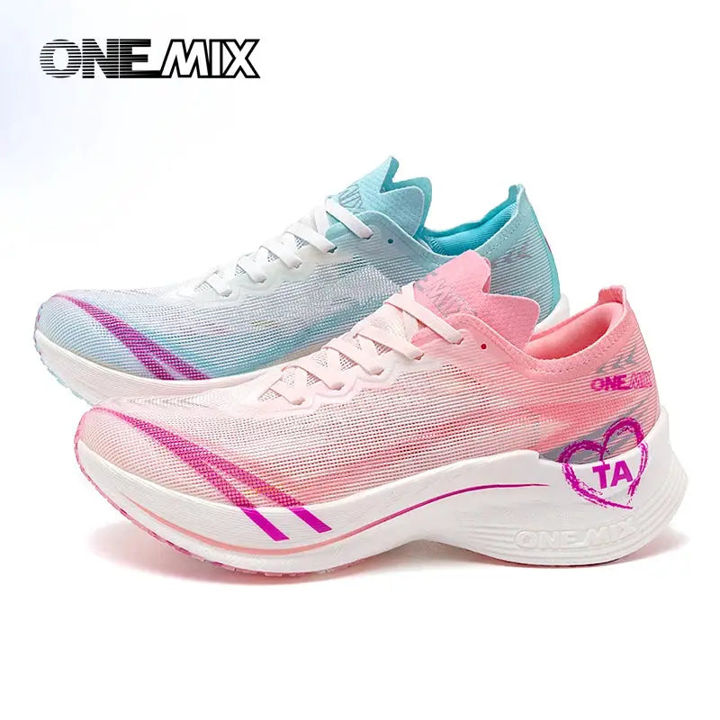ONEMIX marathon running shoes in blue-teal and pink gradient, lightweight carbon-plate sneakers pair by Simples Market