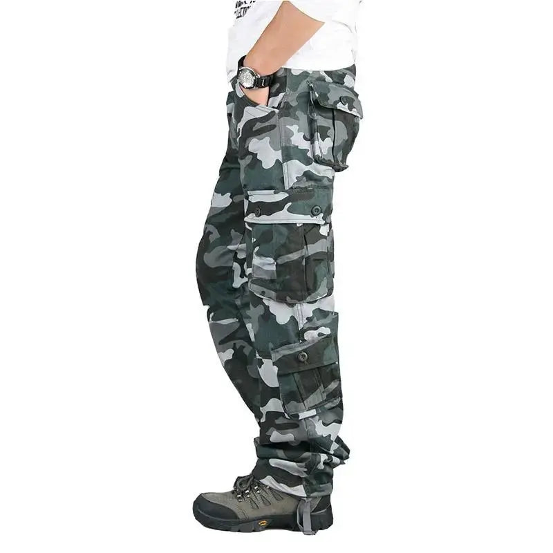 Men's tactical camouflage cargo pants, cotton fabric with multiple pockets