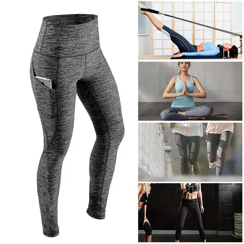 Simples Market high-waist women's gray heather workout leggings with phone pocket