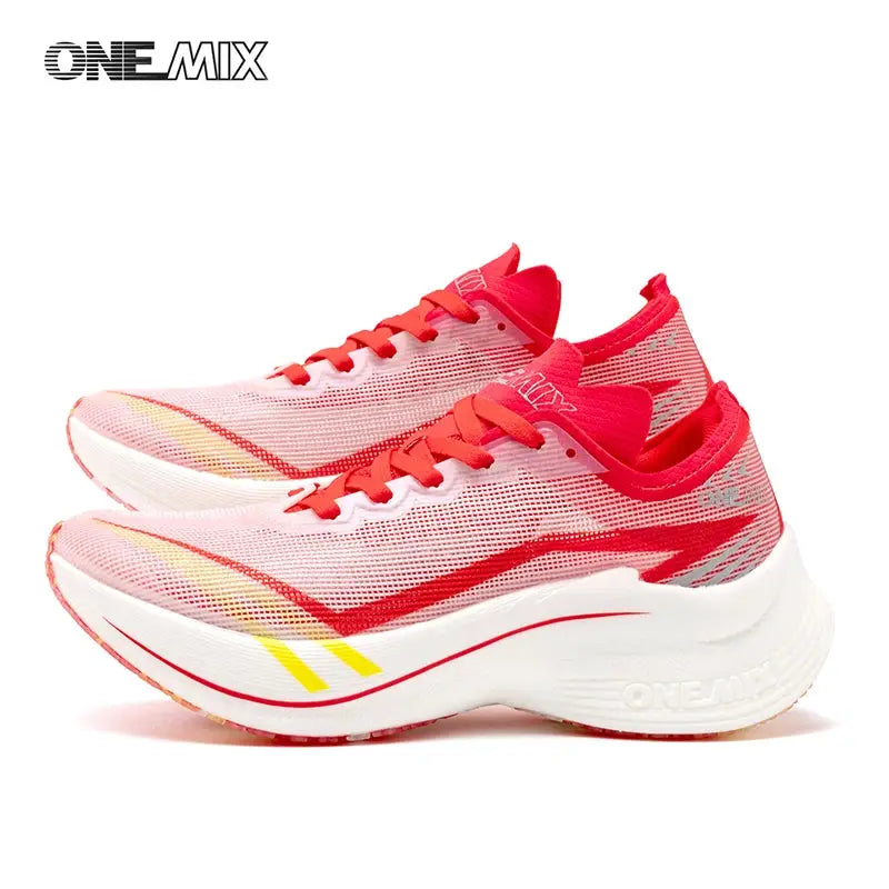 OneMix men's marathon running shoes, pink/red knit upper, white chunky midsole, lightweight rebound sneakers