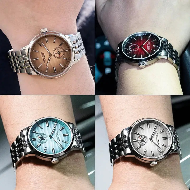 Seagull Natural Series men's watches, stainless steel bracelet, luminous dials; four color variants.