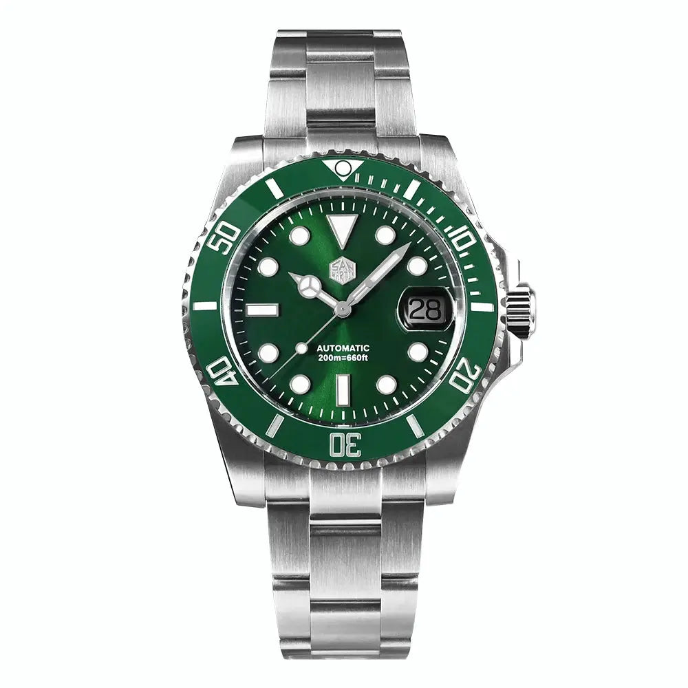 San Martin 40mm diver watch with green dial and bezel, stainless steel bracelet, automatic, 200m water resistant