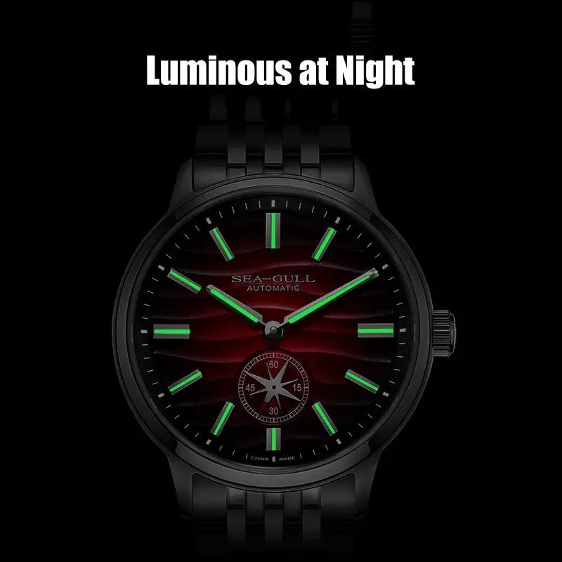 Sea-Gull automatic men's wristwatch with luminous green markers, red gradient dial, sub-dial, black stainless bracelet