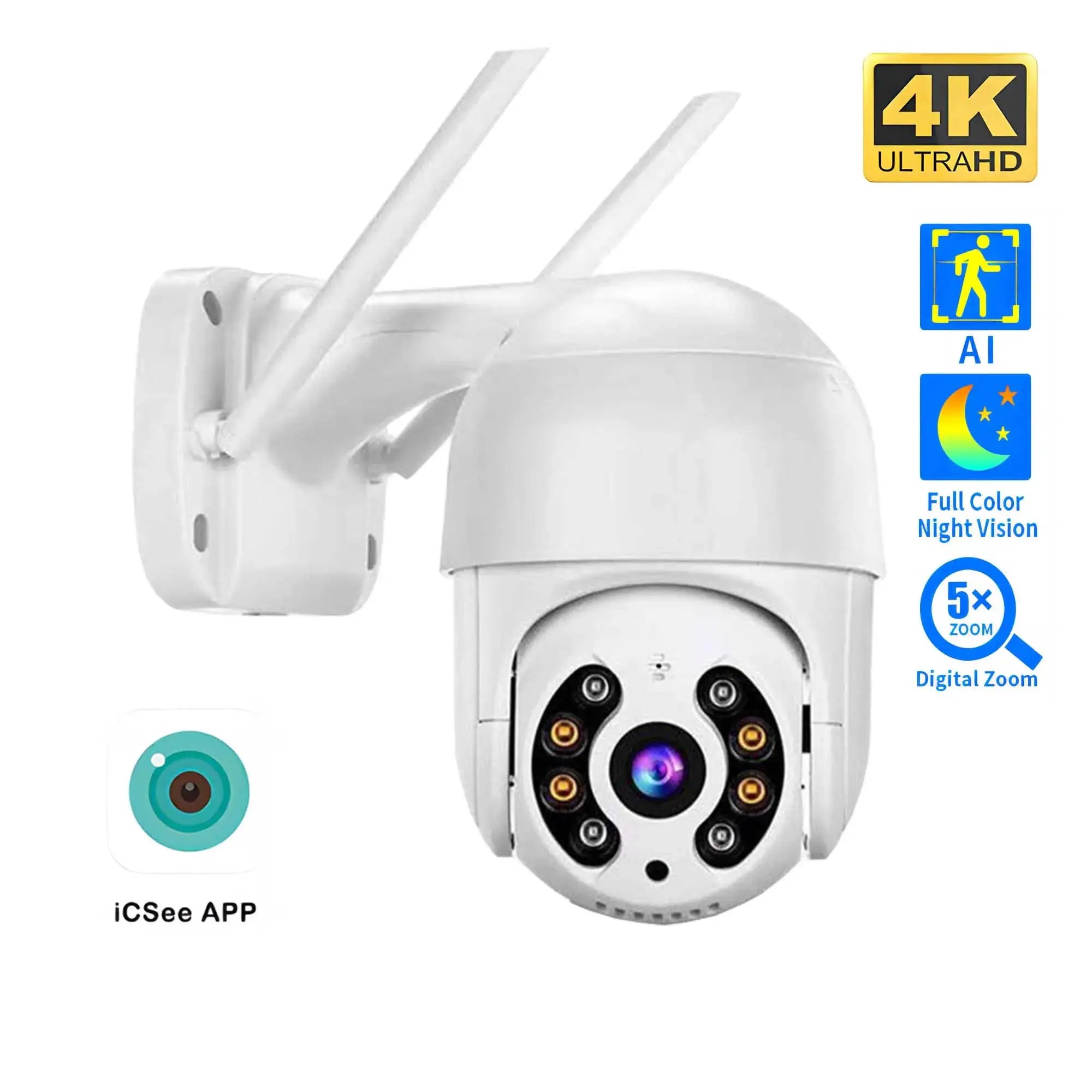 8MP 4K wireless PTZ camera with color night vision, AI auto-tracking, 5x digital zoom, outdoor WiFi IP CCTV