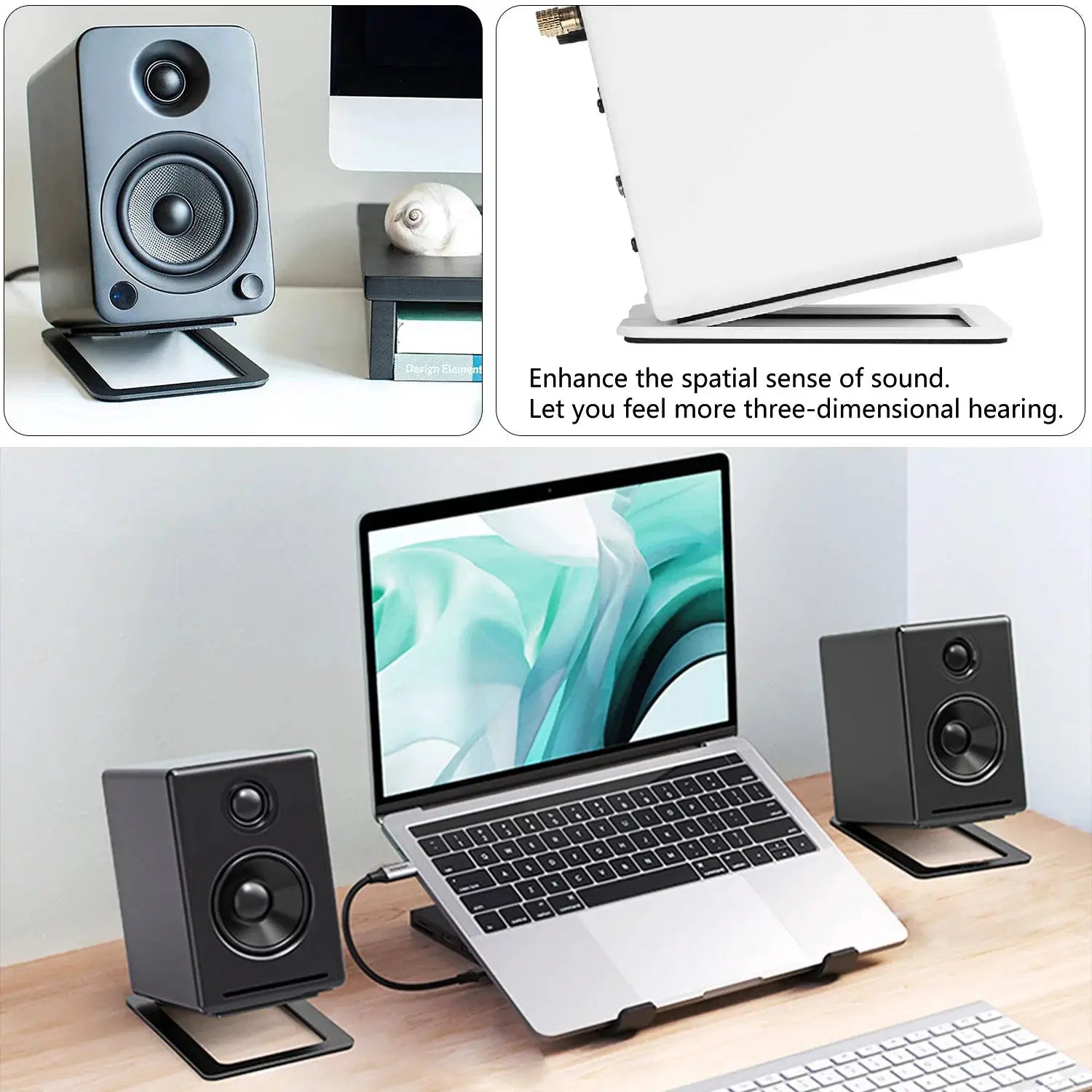 Simples Market carbon-steel speaker stand base for desktop speakers with shock absorption; two stands shown