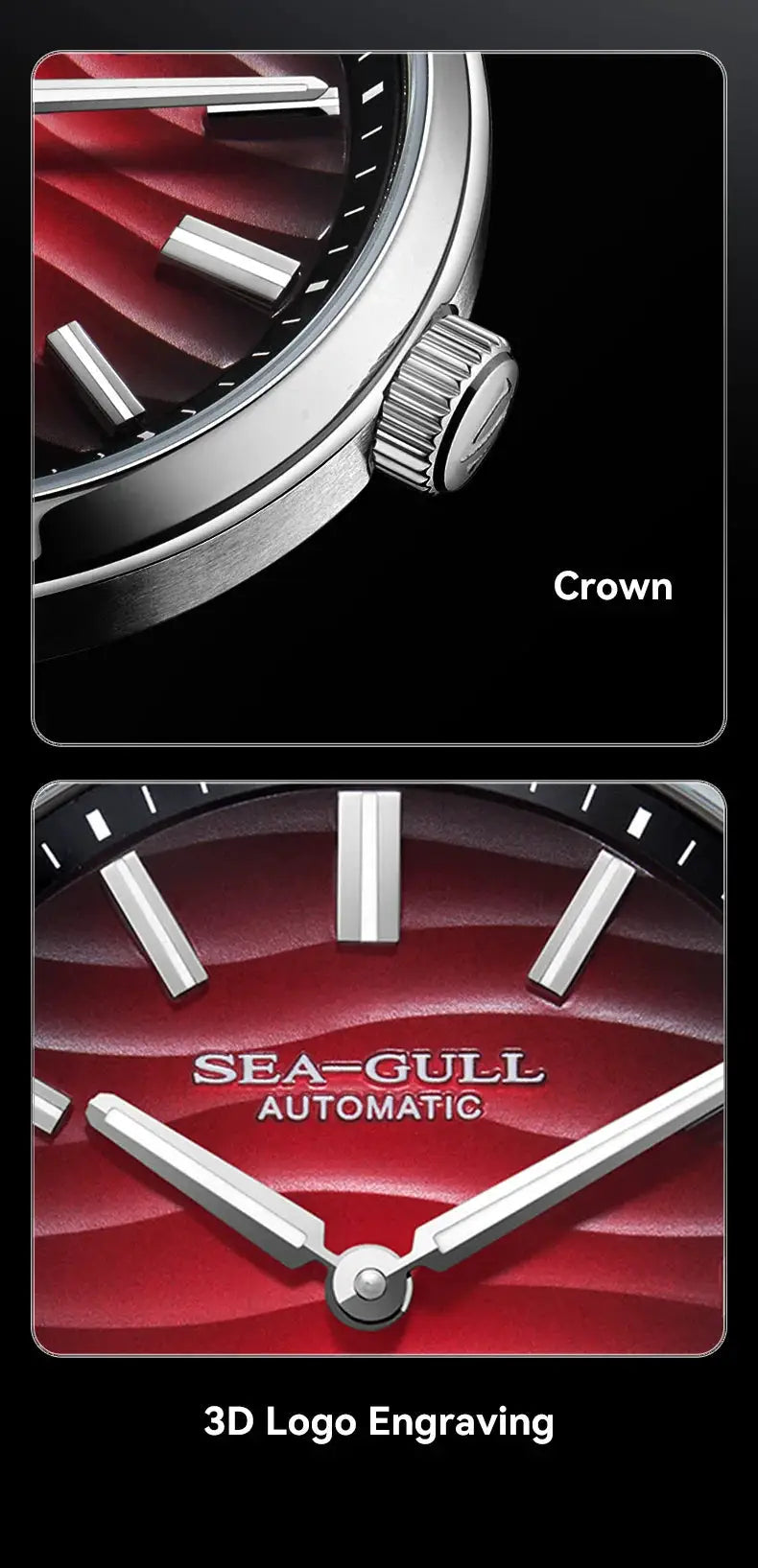 Seagull Natural Series 39.5mm automatic men’s watch with red dial, stainless steel case and bracelet, sapphire crystal