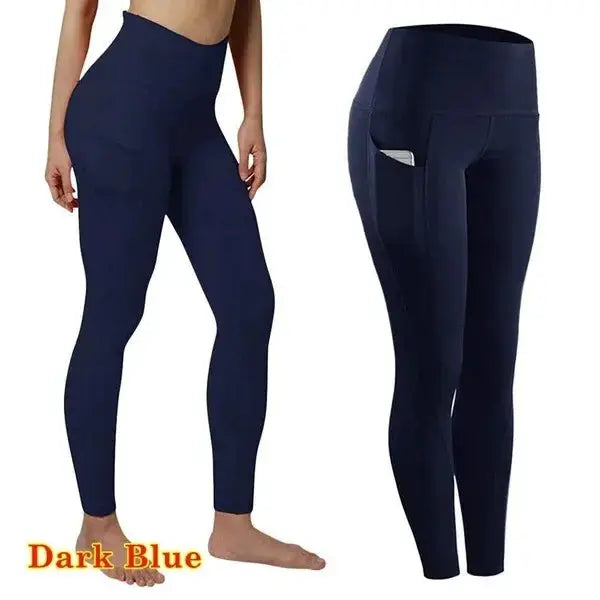 Simples Market dark blue high-waist yoga leggings for women with side pocket, compression tights
