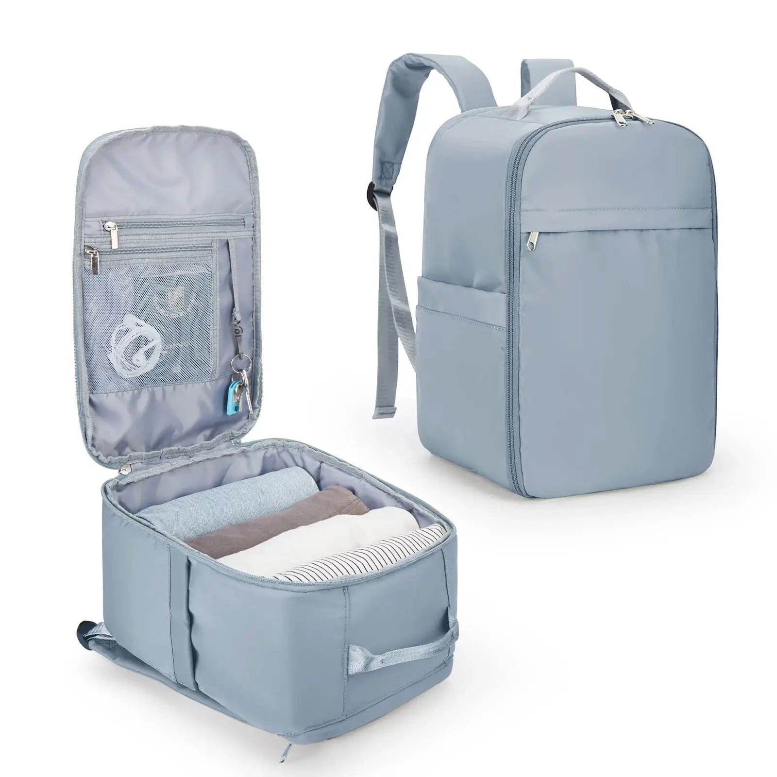 Ryanair cabin backpack in light blue with interior packing cubes, mesh pocket and multiple compartments.