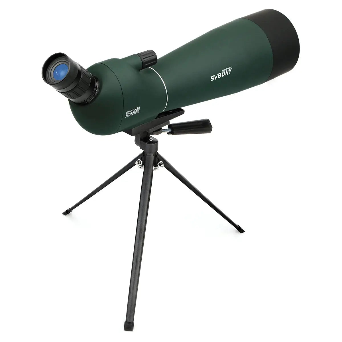 SVBONY SV28 spotting scope on tripod; green waterproof telescope with adjustable zoom