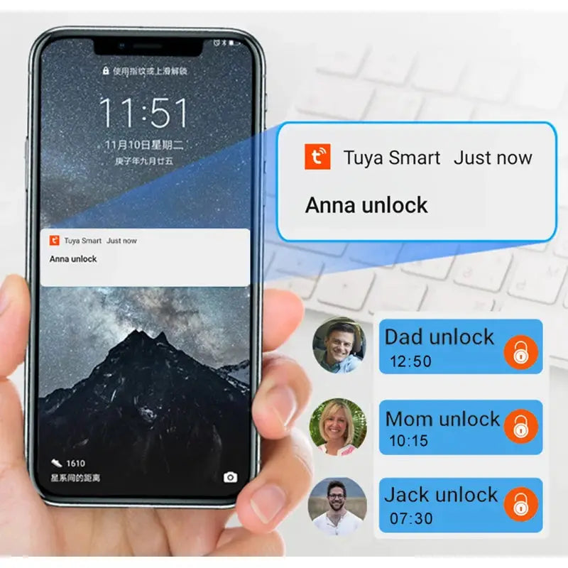 RAYKUBE Tuya Smart Padlock app interface on smartphone showing Anna unlock notification and family unlock alerts
