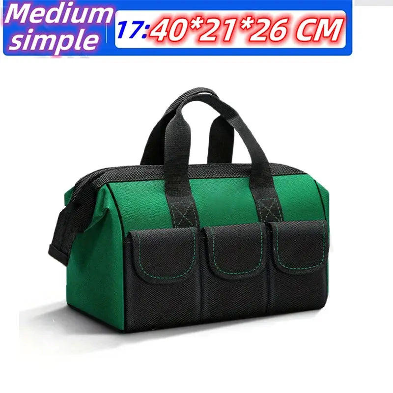 Tool bag, green and black, with three front pockets and reinforced handles