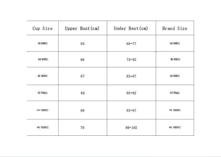 Bra size chart from Simples Market showing cup sizes 36BC-46BC with upper bust and under bust cm ranges.