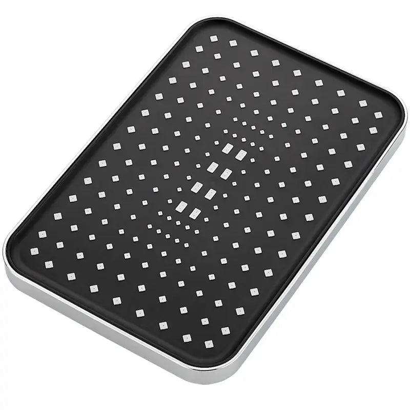 Rectangular black overhead rain shower head with square nozzle pattern and 360° rotation