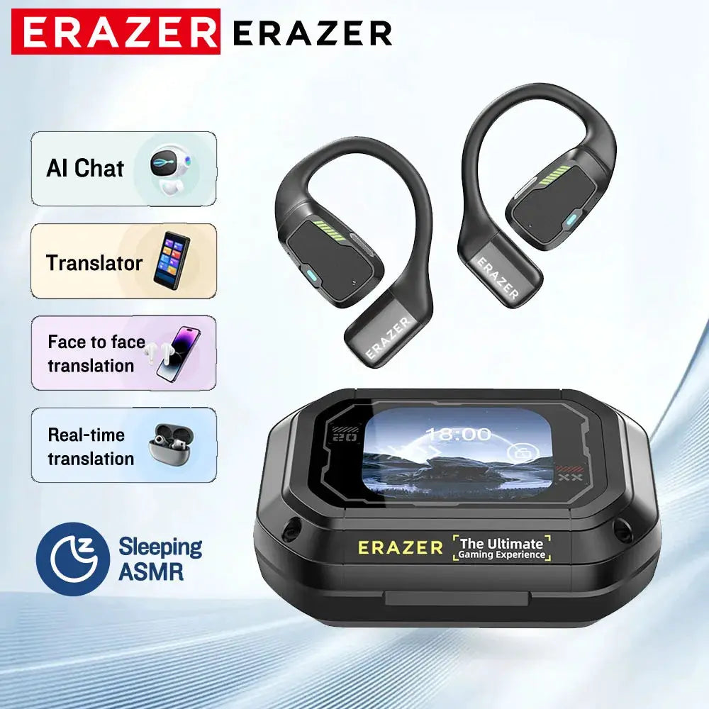 Erazer AI Translator Earbuds by Simples Market; two black wireless earbuds with real-time translation.