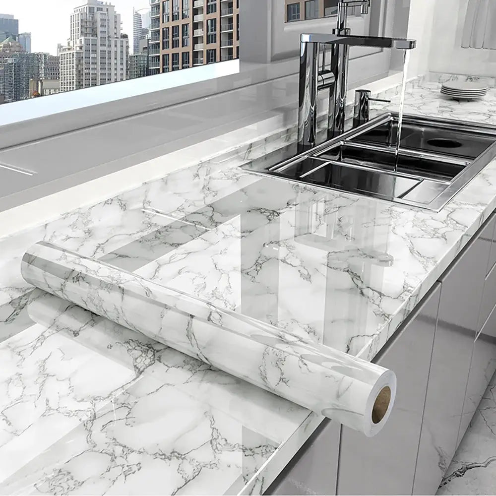 Self-adhesive kitchen wallpaper roll, 40cm wide, marble white/gray pattern for countertops and cabinets