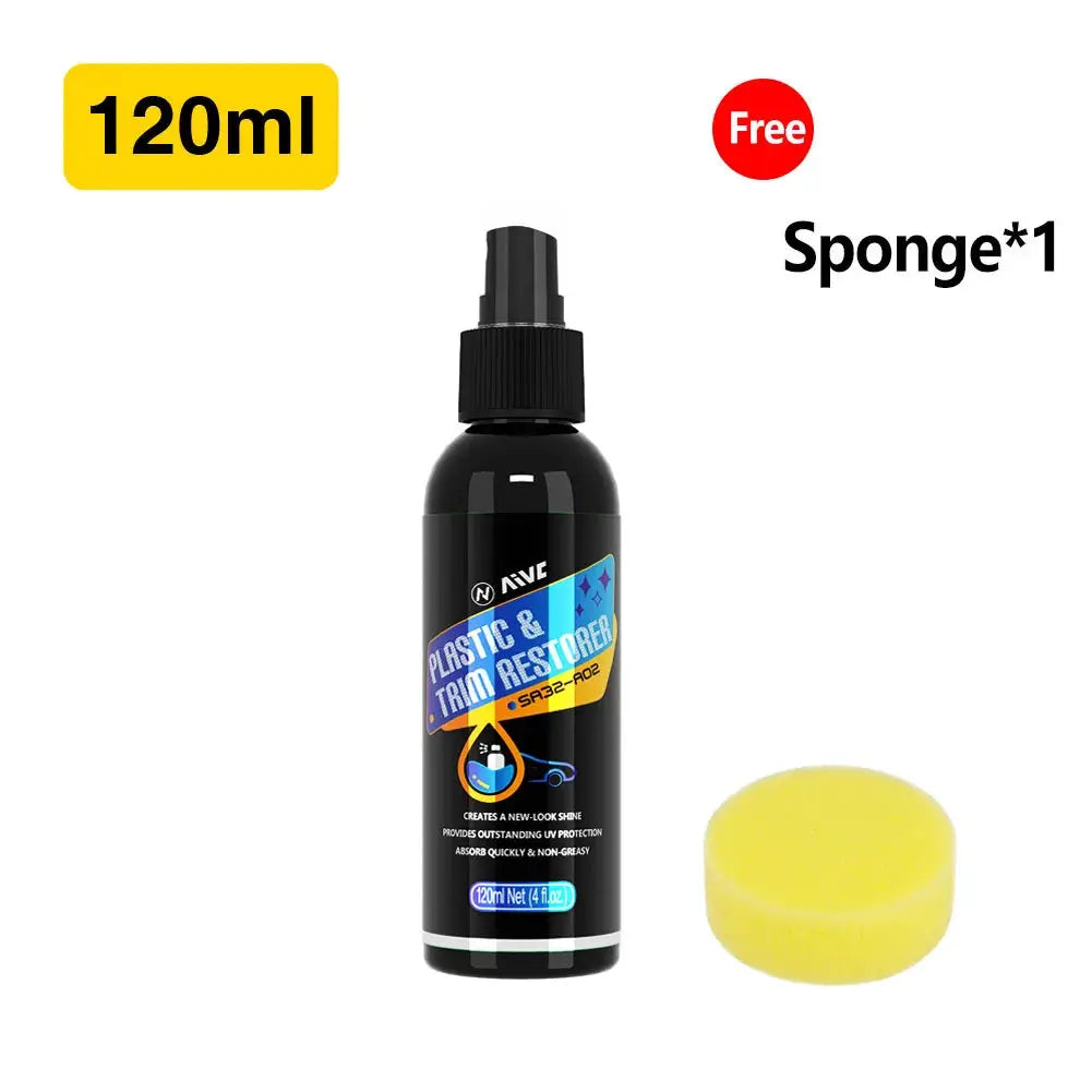 Plastic & Trim Restorer bottle (black, 120 ml) with blue label; includes 1 yellow sponge for car detailing