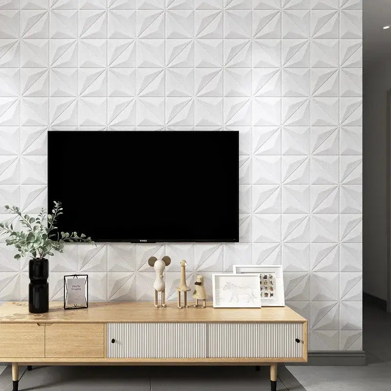 3D foam wall decor panels 35x35 cm; white geometric design, self-adhesive and waterproof