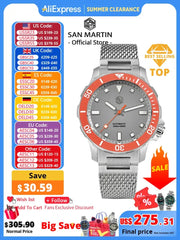 San Martin diver watch with Milanese bracelet, red bezel, gray dial, NH35 automatic, 200m water resistant