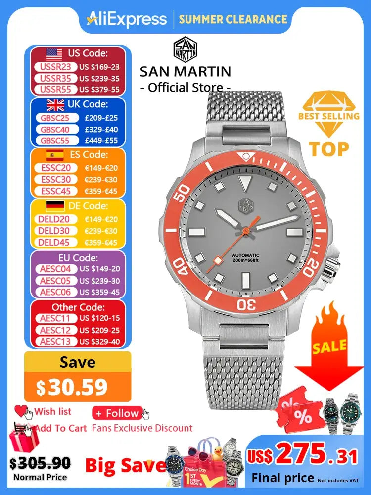 San Martin diver watch with Milanese bracelet, red bezel, gray dial, NH35 automatic, 200m water resistant