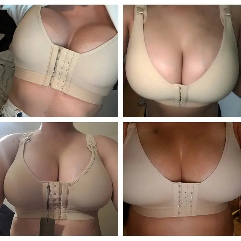 Burvogue beige seamless padded front-closure bra by Simples Market
