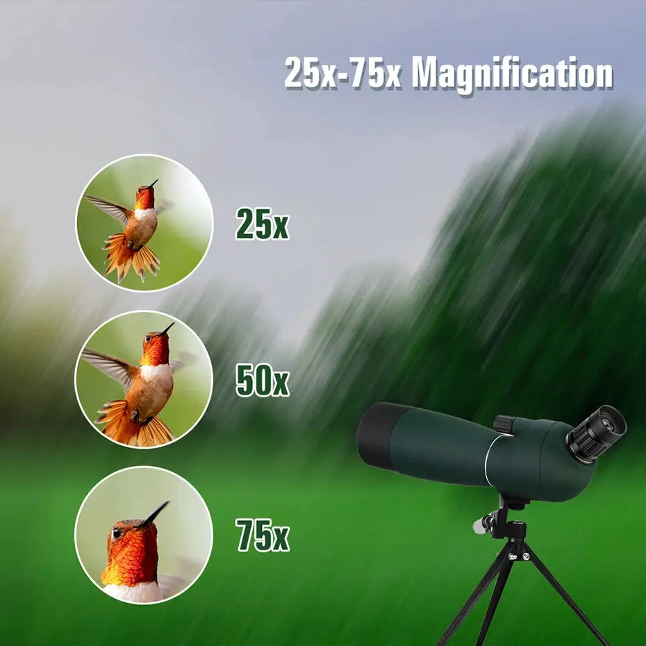 SVBONY SV28 spotting scope on tripod, green waterproof FMC BAK4 with 25x–75x magnification and three bird-inset images