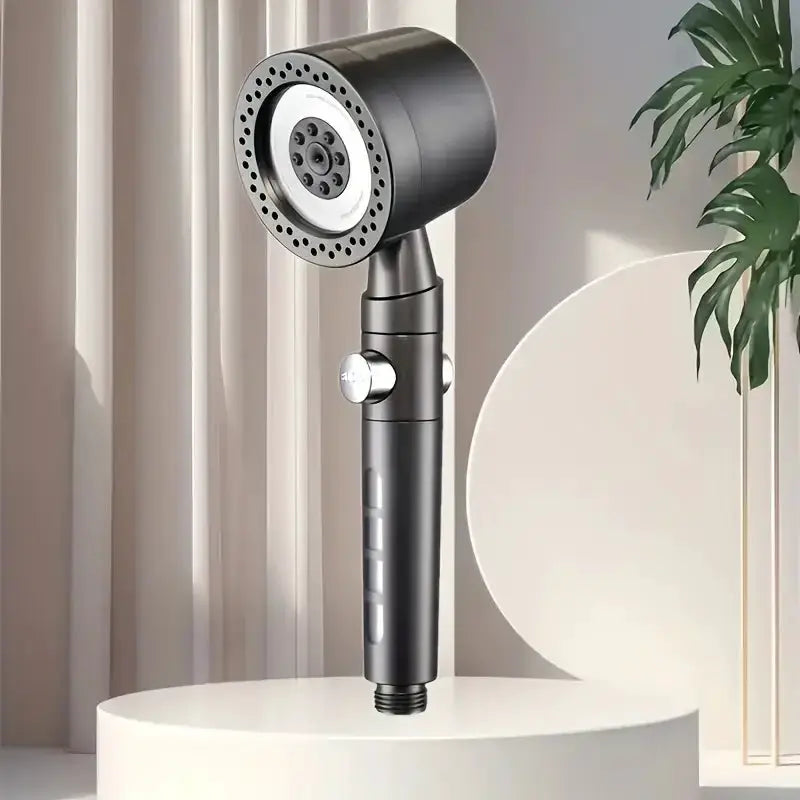 Black handheld shower head with 5 spray modes, chrome ring, and water-saving filter