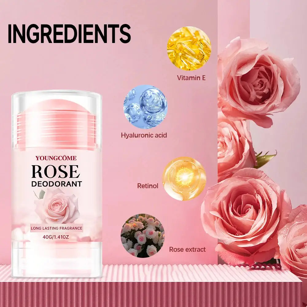 Pink rose deodorant stick by Simples Market with vitamin E, hyaluronic acid, retinol, and rose extract