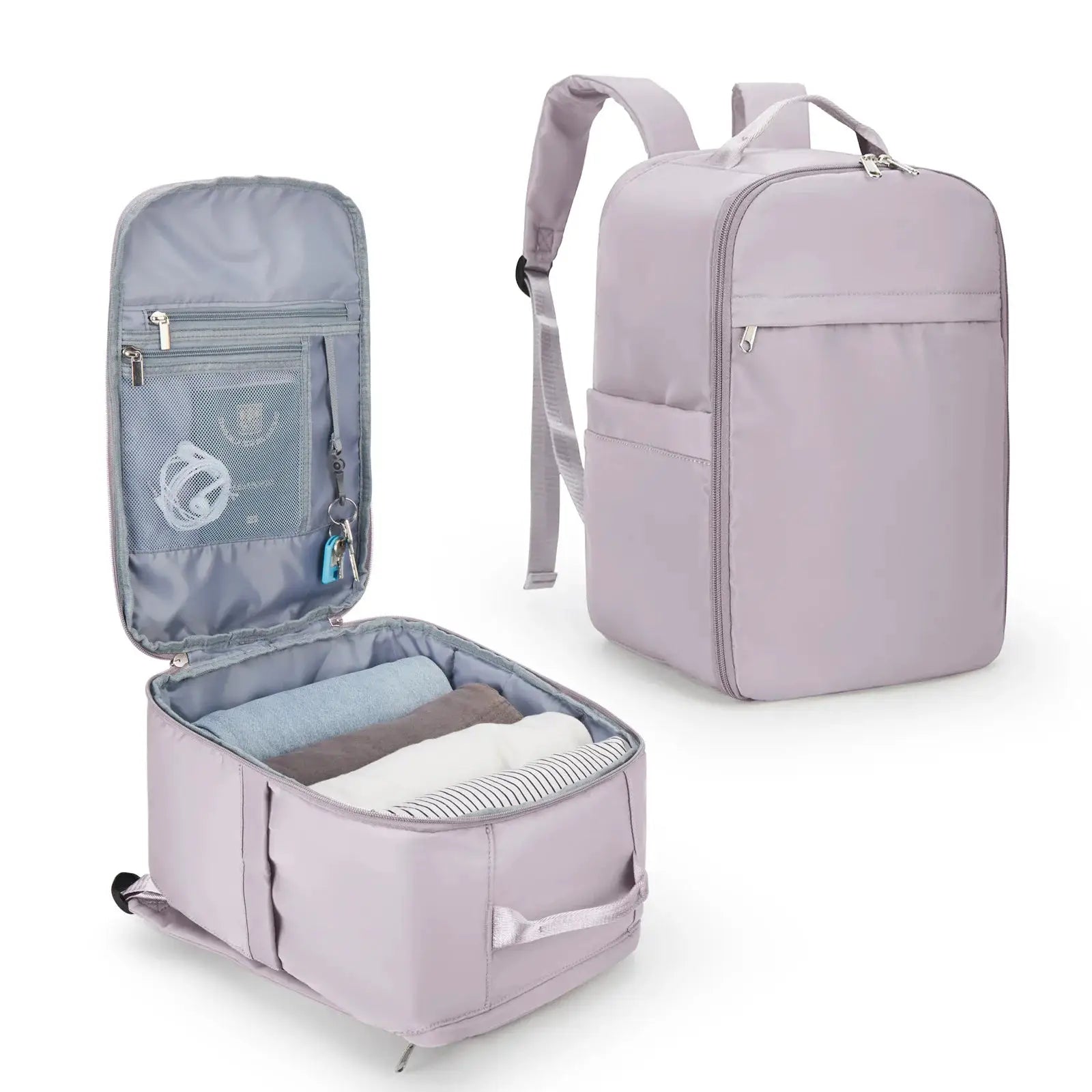 Simples Market Ryanair cabin backpack in lavender with front zip pocket and interior mesh organizer