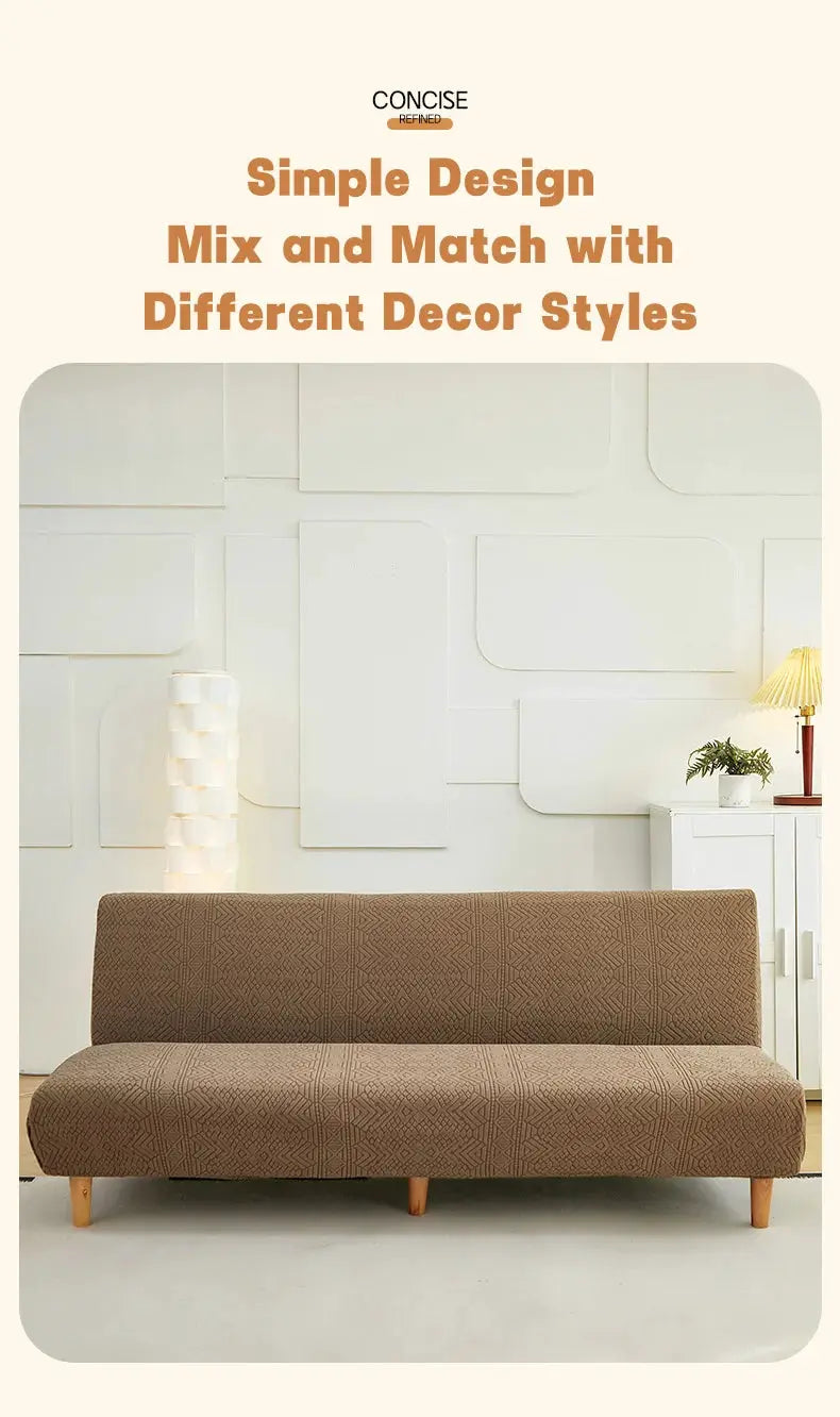 Simples Market stretch jacquard sofa bed cover in brown geometric pattern on a futon sofa