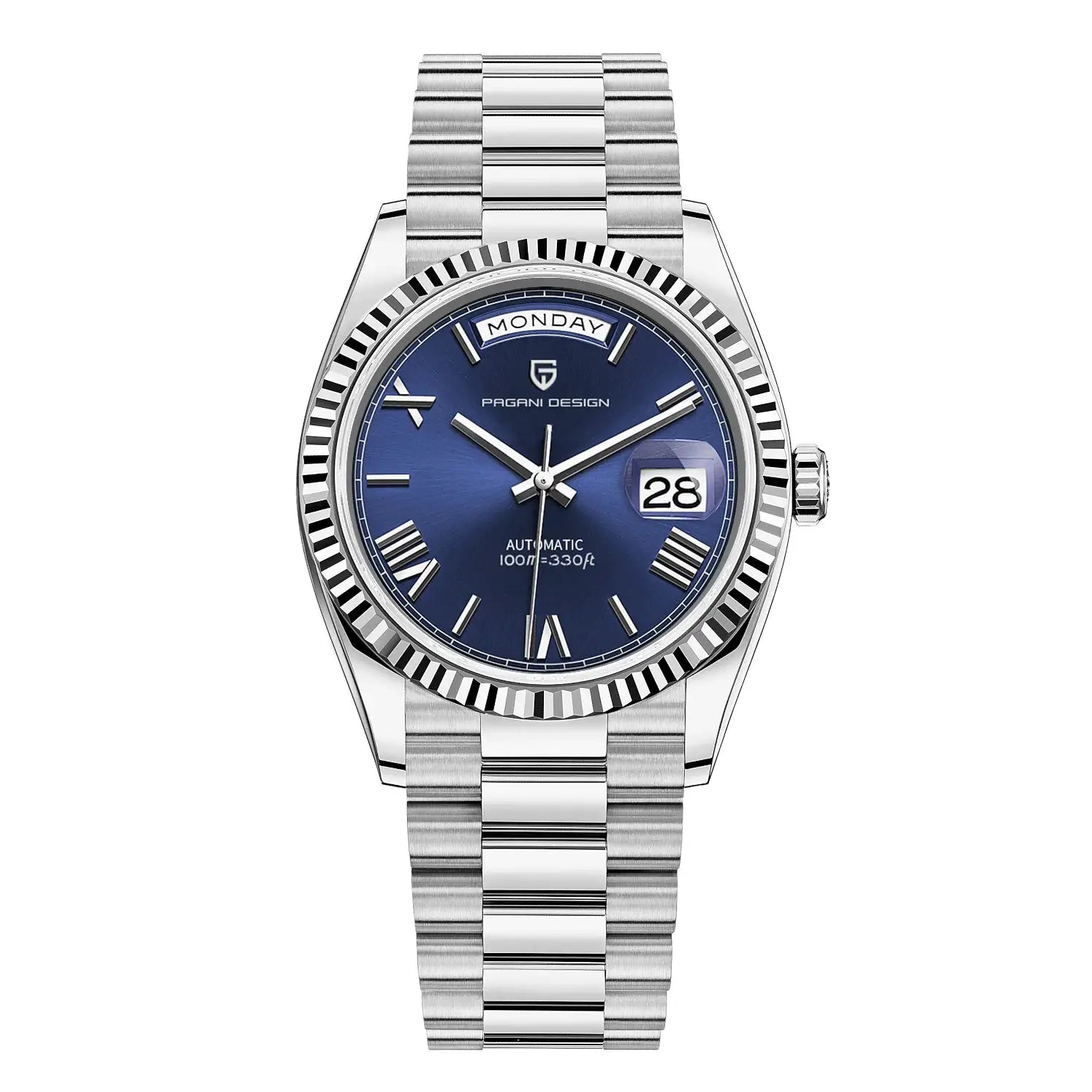 Pagani Design DD36 automatic men's watch with blue dial, day/date window, and stainless steel bracelet