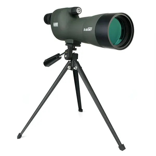 SVBONY SV28 spotting scope on tripod, olive-green body, waterproof
