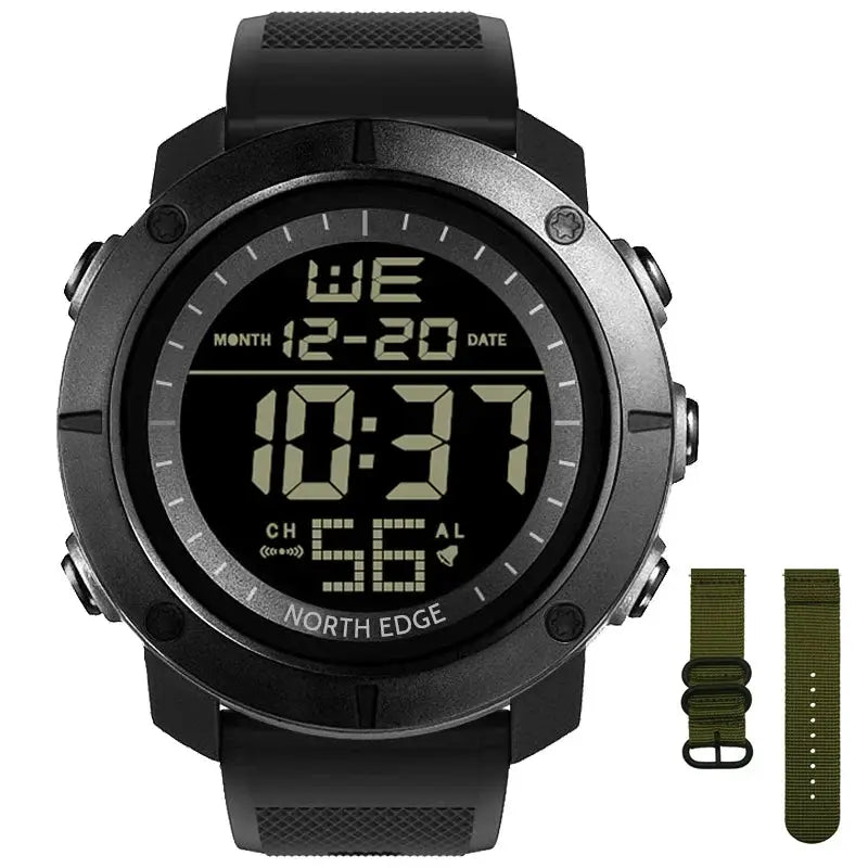 North Edge men's digital sports watch with black case; includes two olive-green straps and 50m waterproof rating