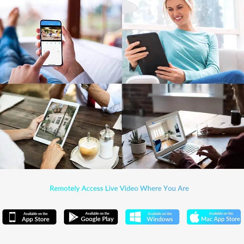 4K 8MP outdoor WiFi bullet waterproof security camera collage with remote viewing on smartphone, tablet and laptop