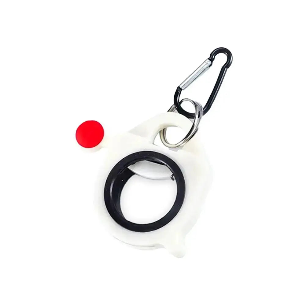 White plastic cable tie organizer with black inner ring, red knob, and metal carabiner clip
