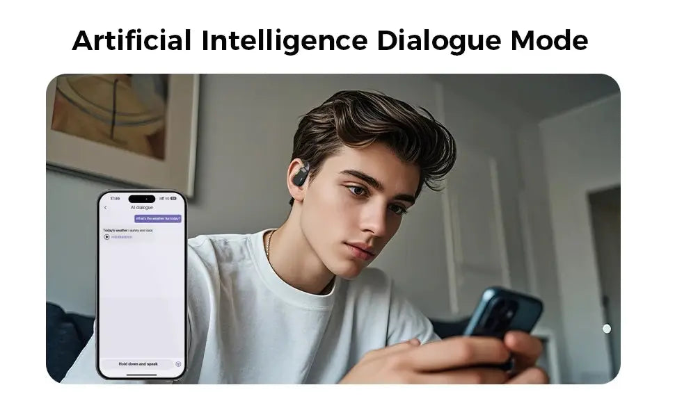 Erazer XP6 wireless earbuds by Simples Market; black in-ear headphones worn by a man with a smartphone.