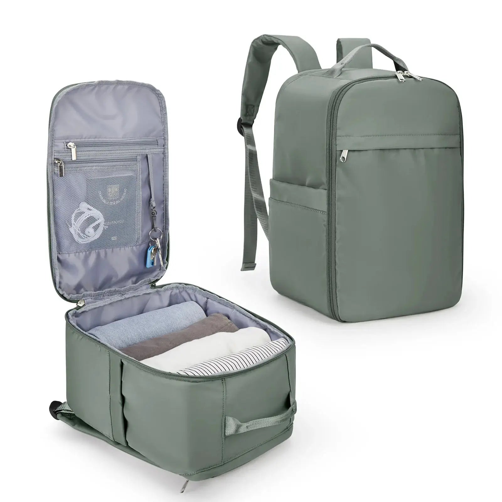 Ryanair cabin backpack 40x20x25 in olive green, with front zip pocket and mesh interior showing packed clothes