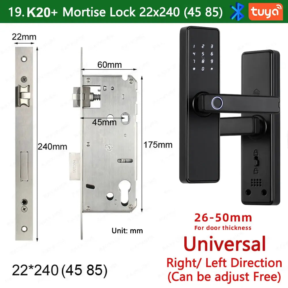 RAYKUBE K20 biometric smart door lock with keypad; Tuya compatible, universal 26–50mm fit, includes strike plate.