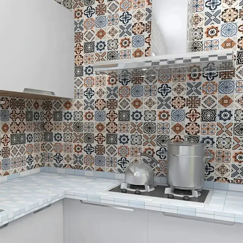 Tile 3D waterproof cabinet wallpaper by Simples Market; vinyl self-adhesive kitchen tiles with multicolor patterns.
