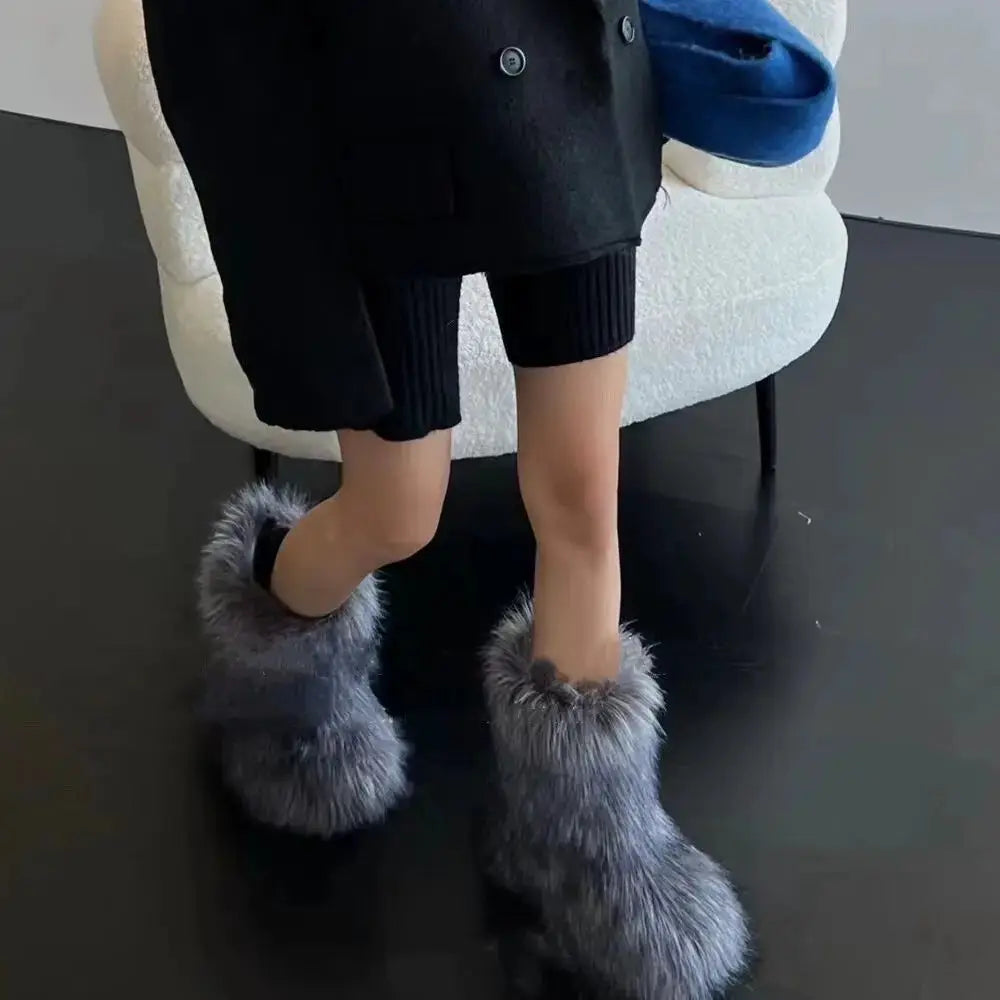 Women's Winter Snow Boots With Plush Faux Fox Fur Mid Calf Warm Platform Shoes For Cold Weather Outdoor