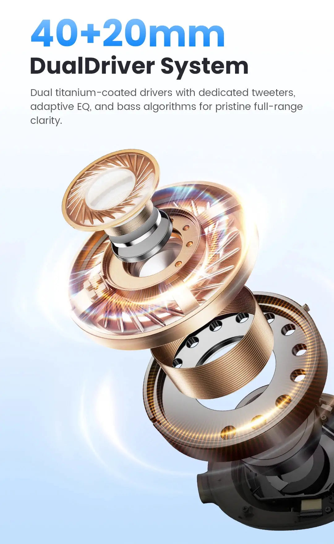 HAYLOU S40 ANC wireless over-ear headphones cutaway view of gold-copper dual-driver system