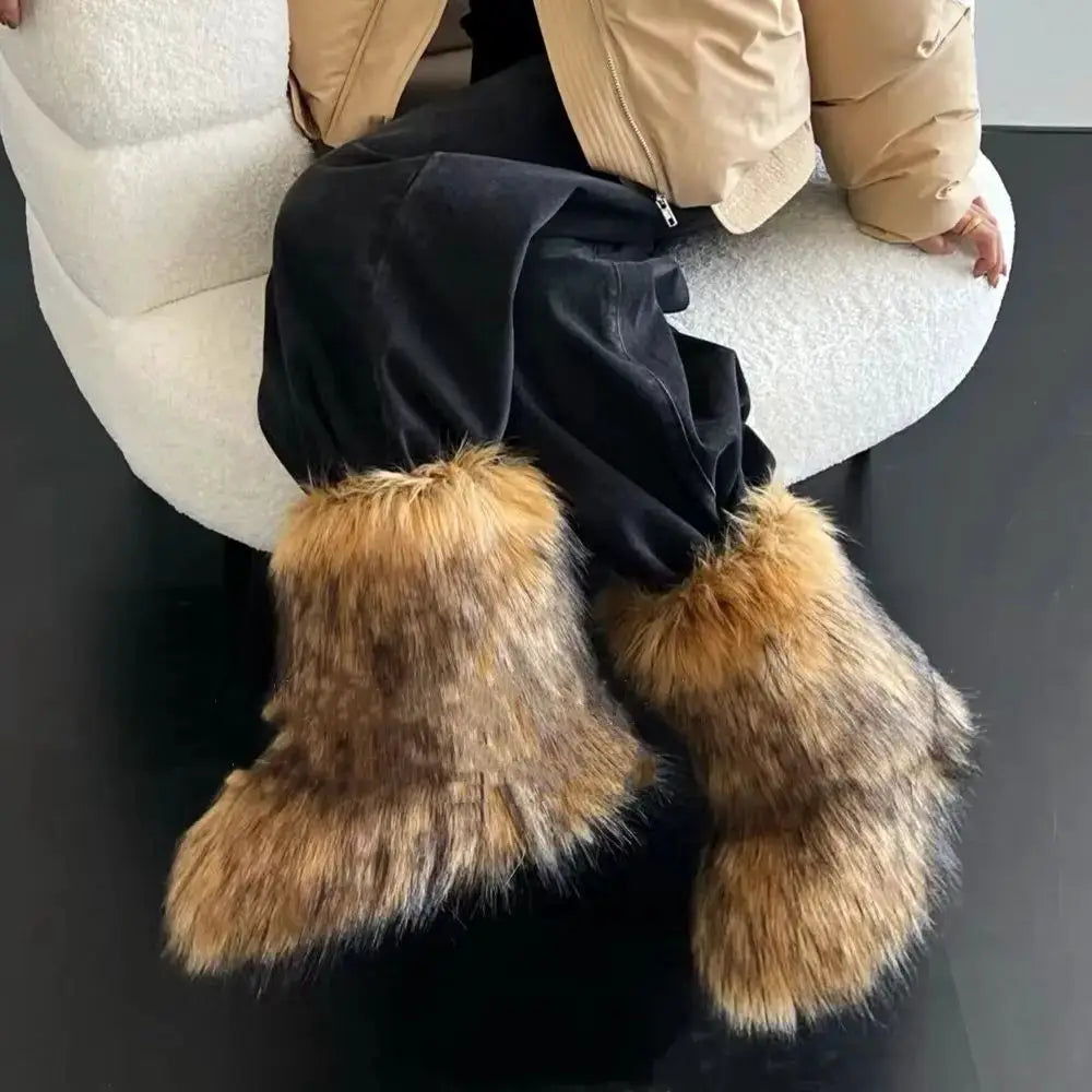 Women's Winter Snow Boots With Plush Faux Fox Fur Mid Calf Warm Platform Shoes For Cold Weather Outdoor