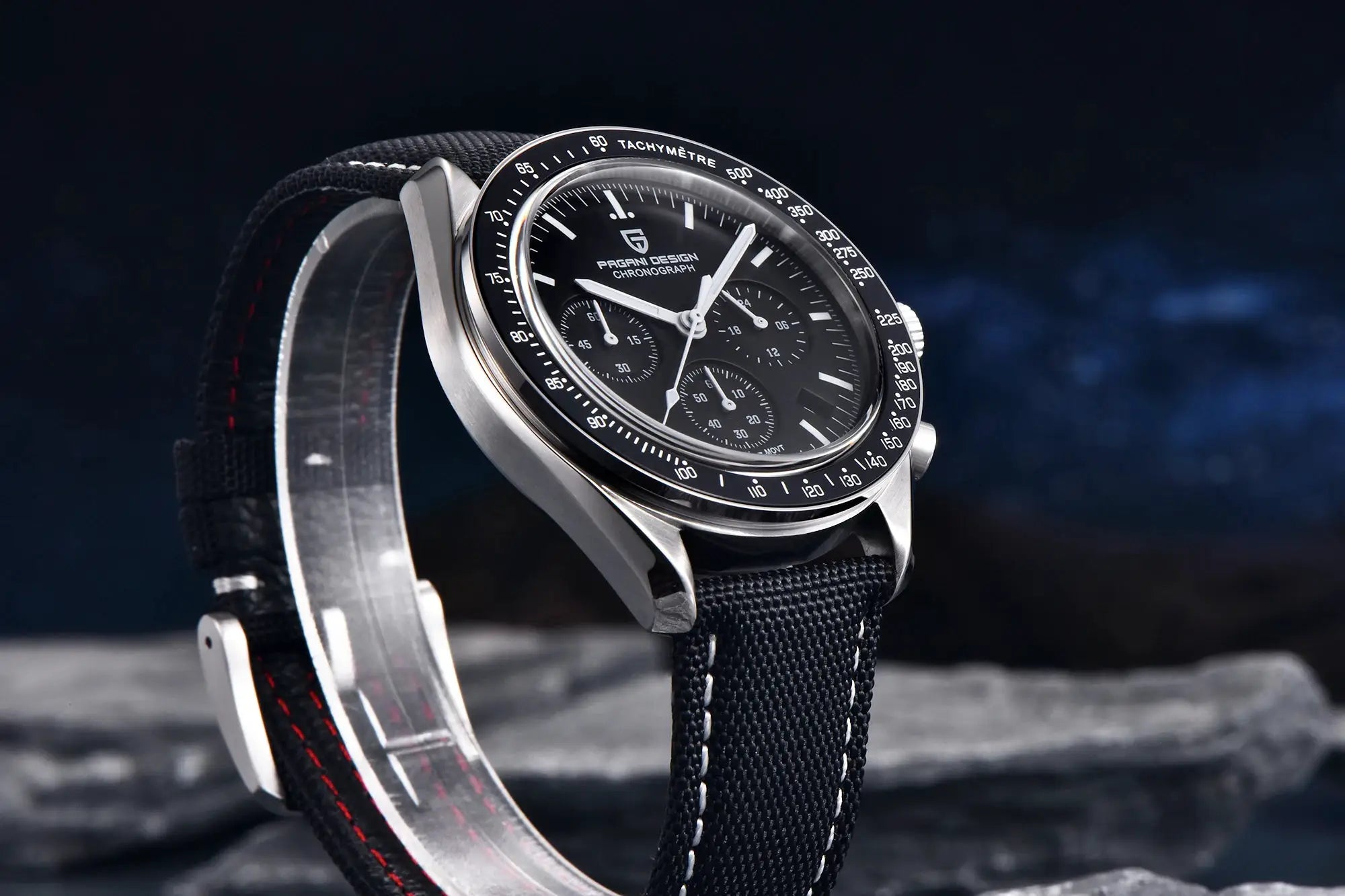 PAGANI DESIGN men's chronograph watch with black dial, tachymeter bezel, steel case, and fabric strap