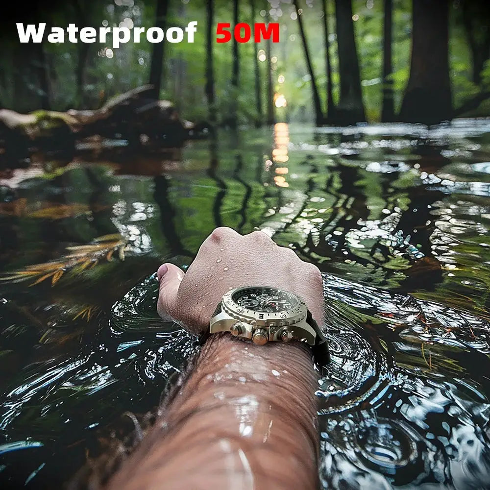 North Edge Mach 2 men's watch with stainless steel case, waterproof to 50M, on a wrist in water.