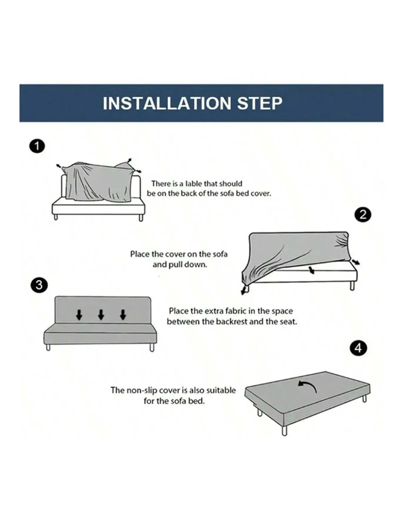 Stretch jacquard sofa bed cover by Simples Market, grey, with illustrated installation steps