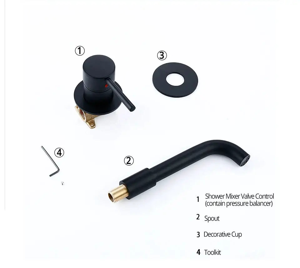 Simples Market matte black bathroom basin faucet set with wall-mounted spout and four components
