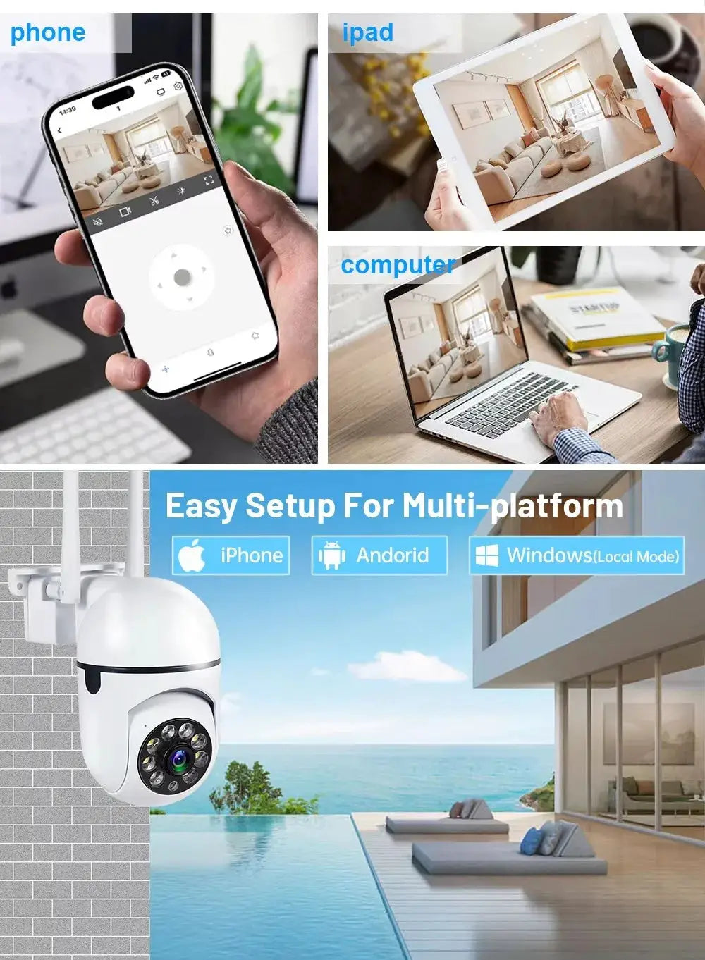 WiFi 1080P HD indoor/outdoor 360° wireless security camera, white.