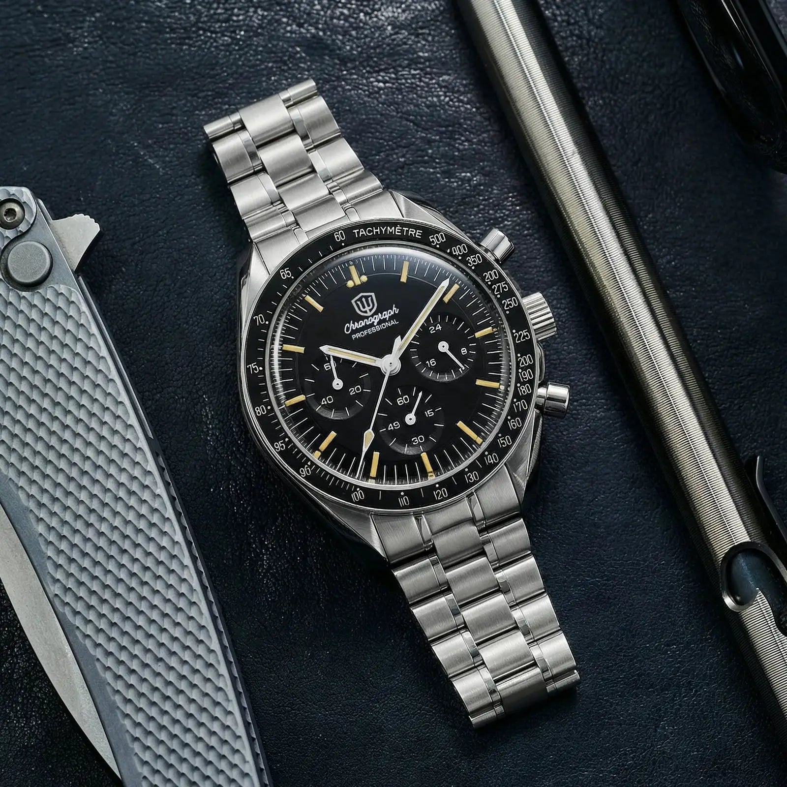 Watchdives WD1863 chronograph watch with stainless steel bracelet, black dial, tachymeter bezel and three subdials.
