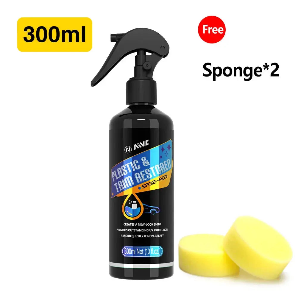 Plastic Restorer spray bottle by Simples Market, 300ml, with free yellow sponge pair for car detailing.